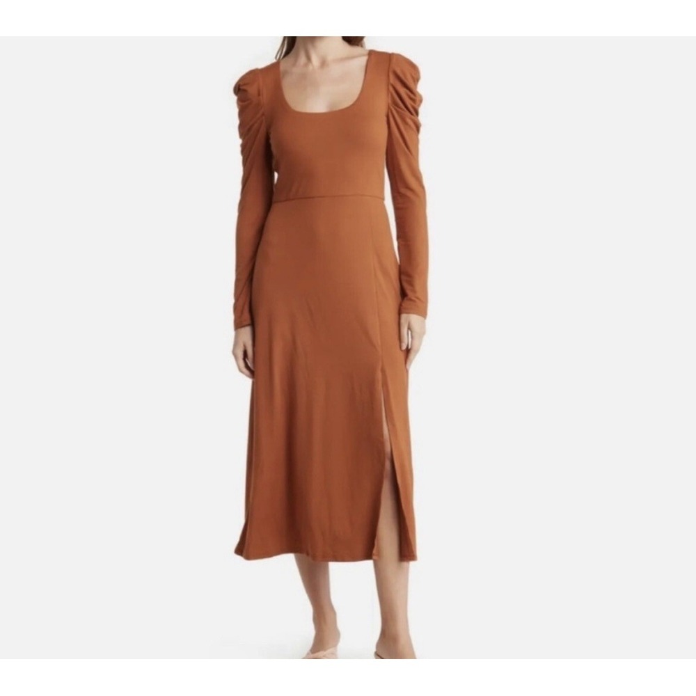 Wayf Long Sleeve‎ Knit Dress  Scoop Neck Puff Sleeves Leg Slit Size Medium New
